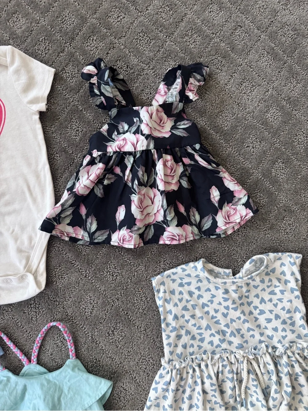 Baby Girl Clothing Lot - Heart Onesie + Floral Dressy Trendy Tops 18m
